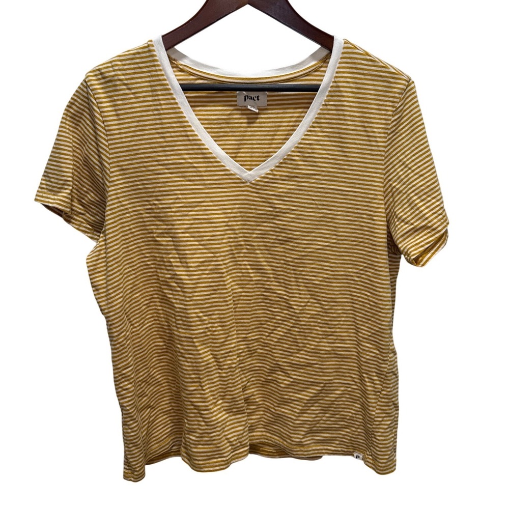 Pact Womens XL Mustard Yellow Striped Organic Cotton V-Neck Short Sleeve T-Shirt